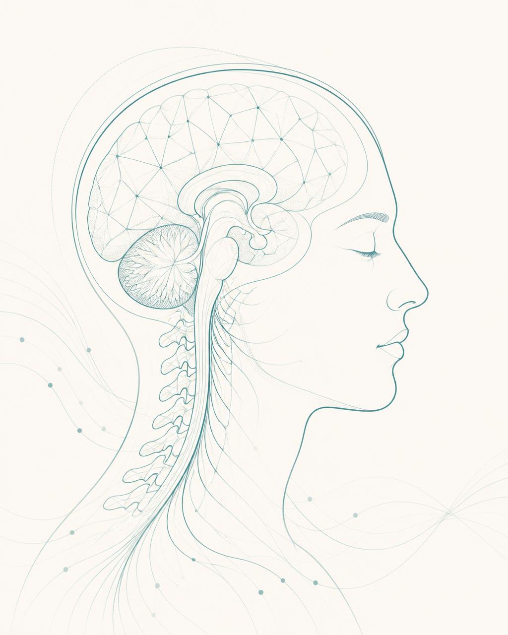 Ilustrație medicală pentru neurochirurgie — creier și coloană vertebrală în linii minimaliste